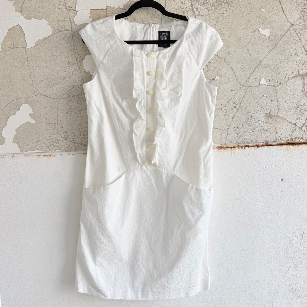 Mod Mini Dress White Textured Shift Dress Ruffles